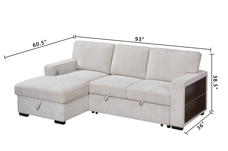 Sofa-lit sectionnel de gauche Pocket 2 pièces en tissu d’apparence lin avec rangement - beige
