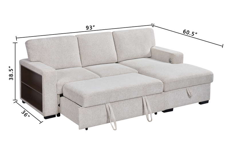 Sofa-lit sectionnel de droite Pocket 2 pièces en tissu d’apparence lin avec rangement - beige
