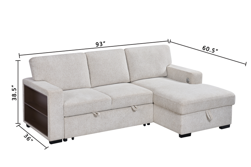 Sofa-lit sectionnel de droite Pocket 2 pièces en tissu d’apparence lin avec rangement - beige