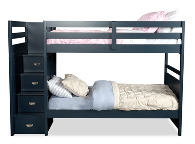 Quinn Bunk Bed with Built-in Staircase Dresser & Guard Rail for Kids, Blue - Twin/Twin | Lits superposés Quinn pour enfants avec commode escalier intégrée et garde-corps, bleus - simple et simple
