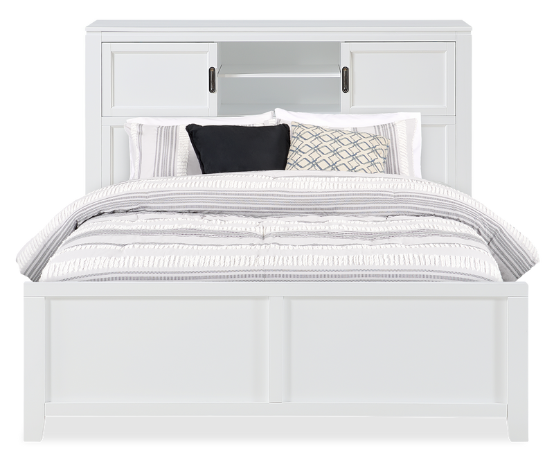 Lit plateforme Quinn avec tête de lit bibliothèque, bureau intégré et tabouret, blanc - format lit double