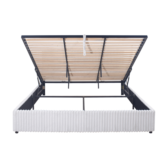 Lit plateforme rembourré Ridge en tissu gris avec rangement - format très grand lit