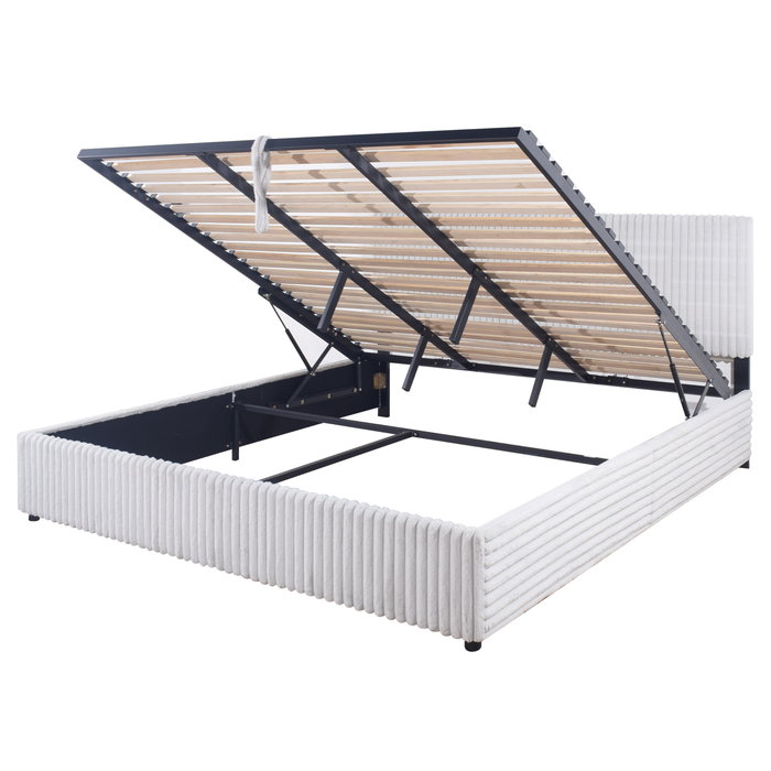 Lit plateforme rembourré Ridge en tissu gris avec rangement - format très grand lit