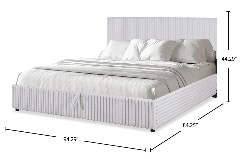 Lit plateforme rembourré Ridge en tissu gris avec rangement - format très grand lit