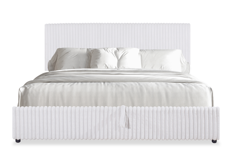 Lit plateforme rembourré Ridge en tissu gris avec rangement - format très grand lit