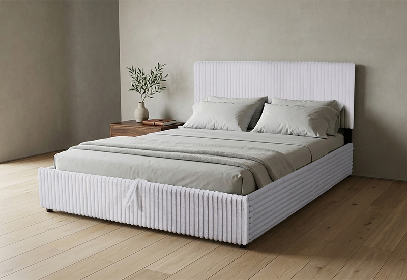 Lit plateforme rembourré Ridge en tissu gris avec rangement - format très grand lit