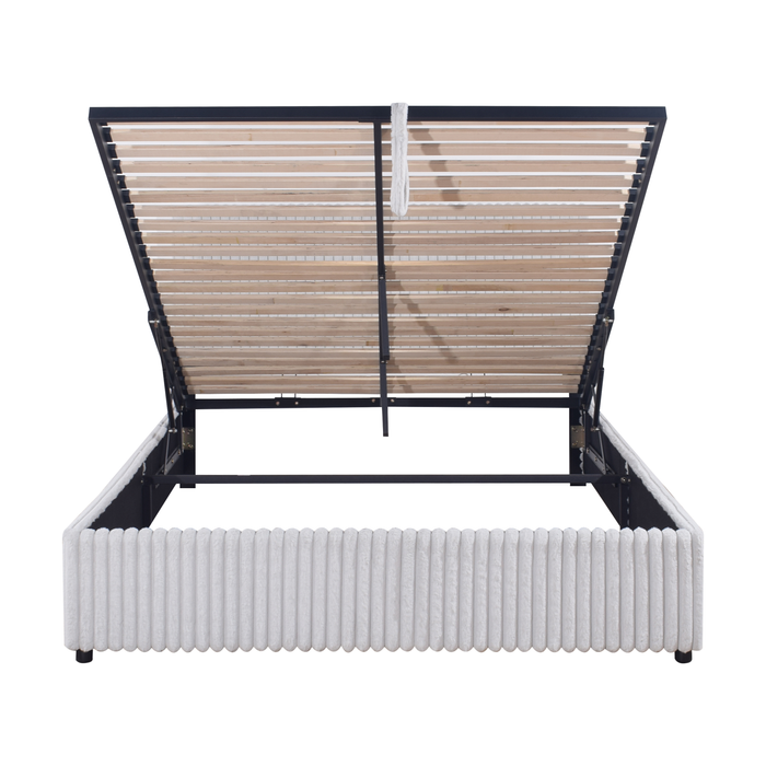 Lit plateforme rembourré Ridge en tissu gris avec rangement - format grand lit