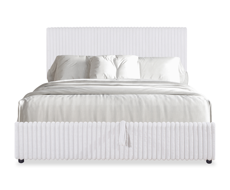 Lit plateforme rembourré Ridge en tissu gris avec rangement - format grand lit