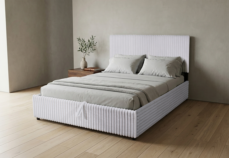 Lit plateforme rembourré Ridge en tissu gris avec rangement - format grand lit