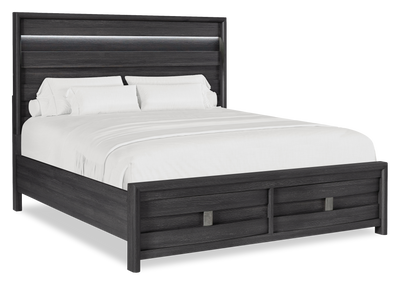Rocco Storage Bed with 2 Built-In Footboard Drawers & LED Lit Headboard, Dark Grey - King Size | Lit de rangement Rocco avec 2 tiroirs de pied de lit intégrés et tête de lit illuminée à DEL, gris foncé - format très grand lit