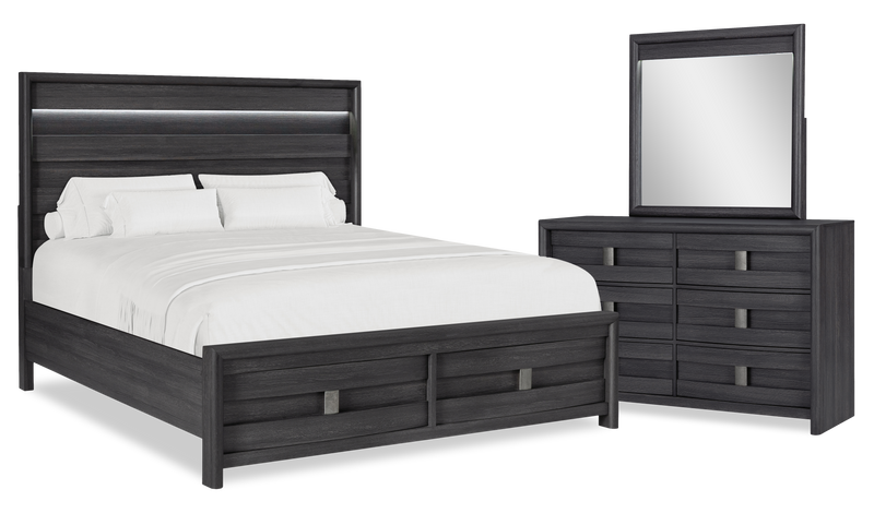 Ensemble de chambre à coucher Rocco 6 pièces avec lit de rangement illuminé à DEL, commode, miroir et table de nuit, brun clair - format très grand lit