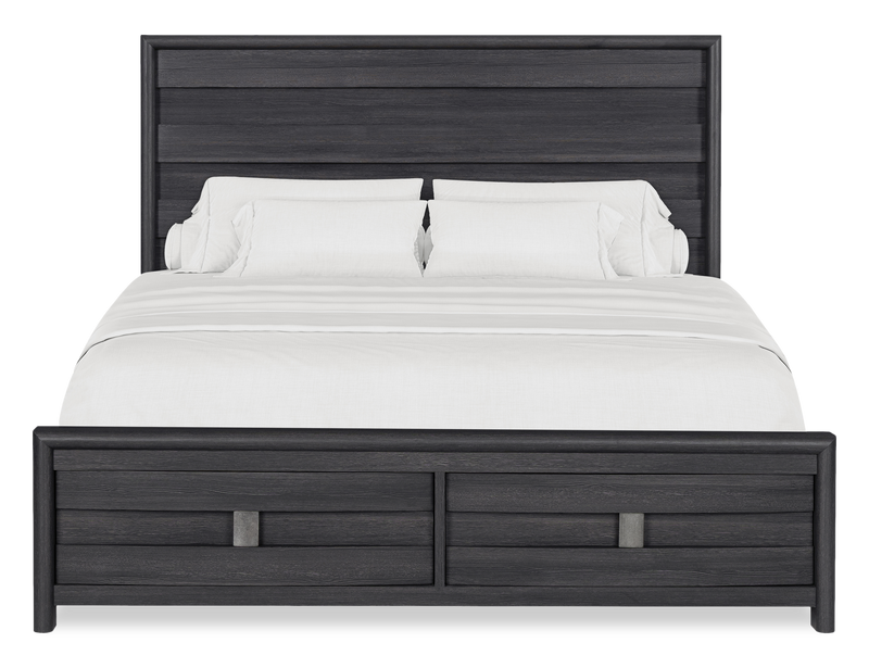 Ensemble de chambre à coucher Rocco 6 pièces avec lit de rangement illuminé à DEL, commode, miroir et table de nuit, brun clair - format très grand lit
