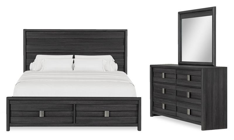 Ensemble de chambre à coucher Rocco 6 pièces avec lit de rangement illuminé à DEL, commode, miroir et table de nuit, brun clair - format très grand lit