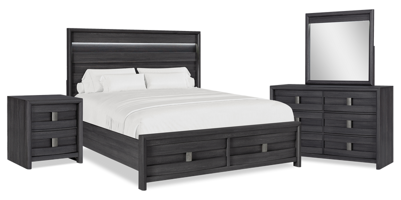 Ensemble de chambre à coucher Rocco 6 pièces avec lit de rangement à DEL, commode, miroir et table de nuit, gris foncé - format très grand lit