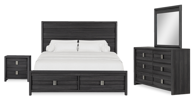 Ensemble de chambre à coucher Rocco 6 pièces avec lit de rangement à DEL, commode, miroir et table de nuit, gris foncé - format très grand lit