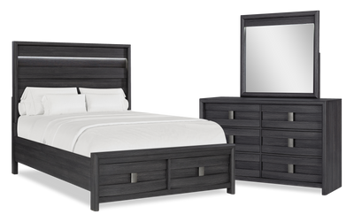 Rocco 5pc Bedroom Set with LED Lit Storage Bed, Dresser & Mirror, Dark Grey - Queen Size | Ensemble de chambre à coucher Rocco 5 pièces avec lit de rangement illuminé à DEL, commode et miroir, gris foncé - format grand lit