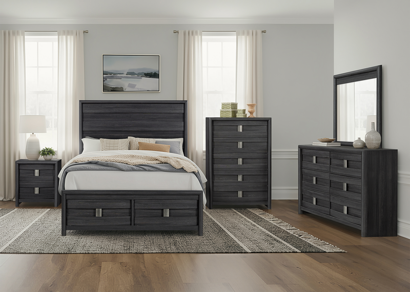 Ensemble de chambre à coucher Rocco 6 pièces avec lit de rangement illuminé à DEL, commode, miroir et table de nuit, gris foncé - format grand lit