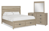 Ensemble de chambre à coucher Rocco 5 pièces avec lit de rangement illuminé à DEL, commode et miroir, brun clair - format très grand lit