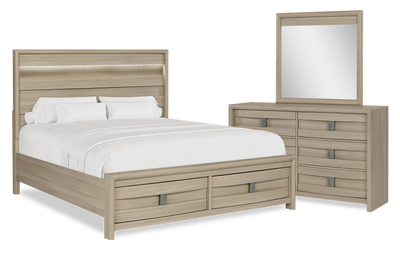 Rocco 5pc Bedroom Set with LED Lit Storage Bed, Dresser & Mirror, Light Brown - King Size | Ensemble de chambre à coucher Rocco 5 pièces avec lit de rangement illuminé à DEL, commode et miroir, brun clair - format très grand lit