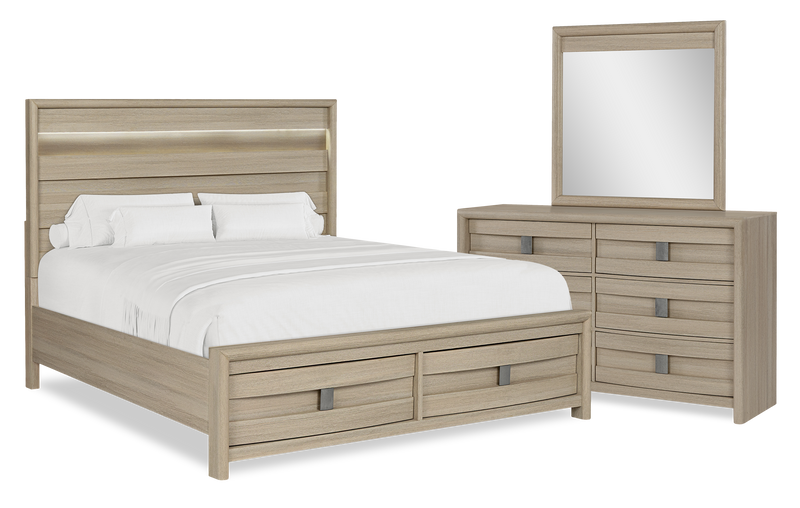 Ensemble de chambre à coucher Rocco 5 pièces avec lit de rangement illuminé à DEL, commode et miroir, brun clair - format très grand lit