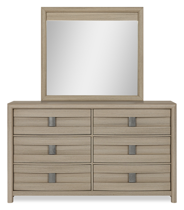 Ensemble de chambre à coucher Rocco 5 pièces avec lit de rangement illuminé à DEL, commode et miroir, brun clair - format très grand lit