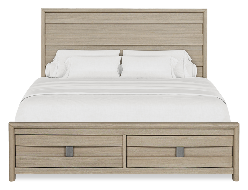 Ensemble de chambre à coucher Rocco 5 pièces avec lit de rangement illuminé à DEL, commode et miroir, brun clair - format très grand lit