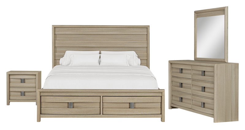 Ensemble de chambre à coucher Rocco 6 pièces avec lit de rangement à DEL, commode, miroir et table de nuit, brun clair - format très grand lit