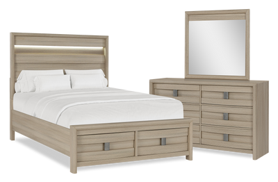 Rocco 5pc Bedroom Set with LED Lit Storage Bed, Dresser & Mirror, Light Brown - Queen Size | Ensemble de chambre à coucher Rocco 5 pièces avec lit de rangement illuminé à DEL, commode et miroir, brun clair - format grand lit