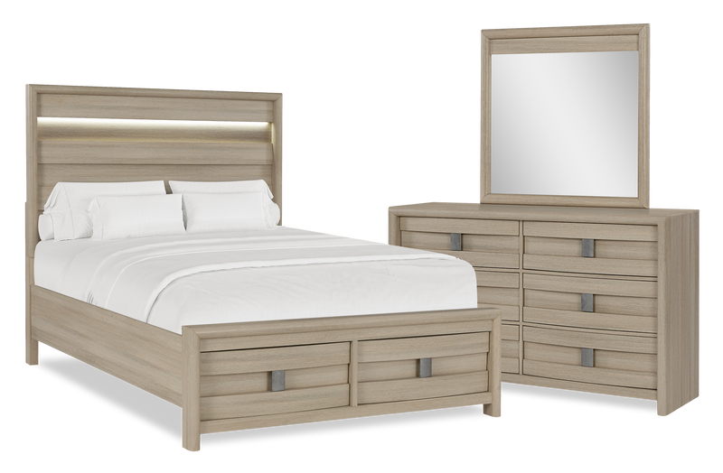 Ensemble de chambre à coucher Rocco 5 pièces avec lit de rangement illuminé à DEL, commode et miroir, brun clair - format grand lit