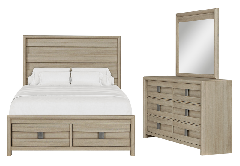 Ensemble de chambre à coucher Rocco 5 pièces avec lit de rangement illuminé à DEL, commode et miroir, brun clair - format grand lit