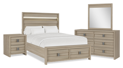 Rocco 6pc Bedroom Set, LED Storage Bed, Dresser, Mirror & Nightstand, Light Brown - Queen Size | Ensemble de chambre à coucher Rocco 6 pièces avec lit de rangement illuminé à DEL, commode, miroir et table de nuit, brun clair - format grand lit