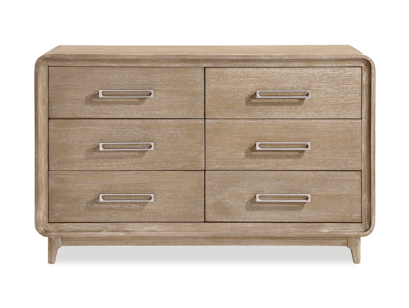 Ensemble de chambre à coucher Sasha 6 pièces avec lit en tissu, commode, miroir et table de nuit, brun chêne naturel - format grand lit