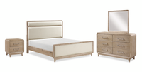 Ensemble de chambre à coucher Sasha 6 pièces avec lit en tissu, commode, miroir et table de nuit, brun chêne naturel - format très grand lit