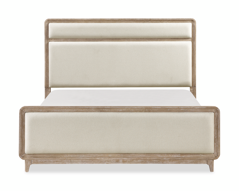 Ensemble de chambre à coucher Sasha 5 pièces avec lit en tissu, commode et miroir, brun chêne naturel - format grand lit