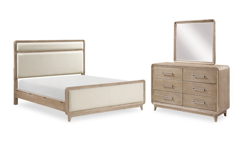 Ensemble de chambre à coucher Sasha 5 pièces avec lit en tissu, commode et miroir, brun chêne naturel - format grand lit