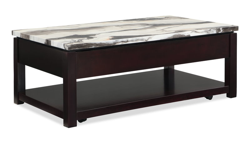 Table à café traditionnelle Sicily de 48 po avec dessus relevable et tablette et roulettes - Espresso léger avec dessus en imitation de marbre