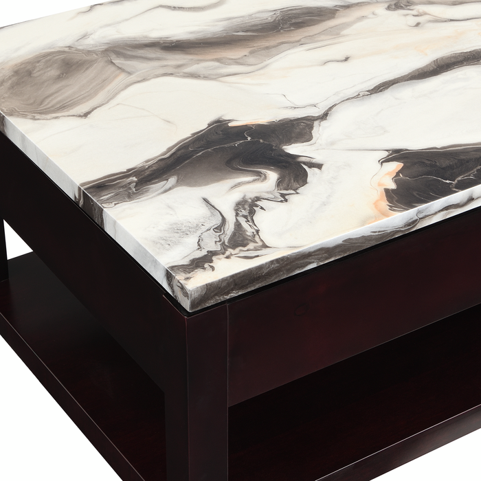 Table à café traditionnelle Sicily de 48 po avec dessus relevable et tablette et roulettes - Espresso léger avec dessus en imitation de marbre