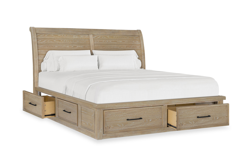 Ensemble de chambre à coucher Sonoma 6 pièces avec lit de rangement, commode, miroir et table de nuit, brun clair - format très grand lit
