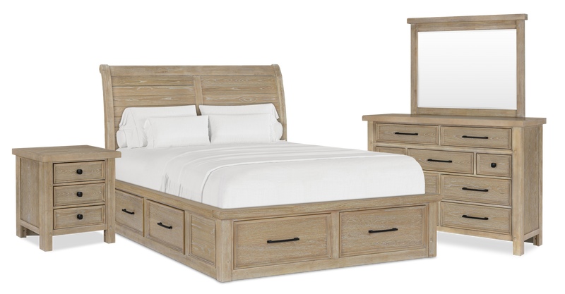 Ensemble de chambre à coucher Sonoma 6 pièces avec lit de rangement, commode, miroir et table de nuit, brun clair - format grand lit