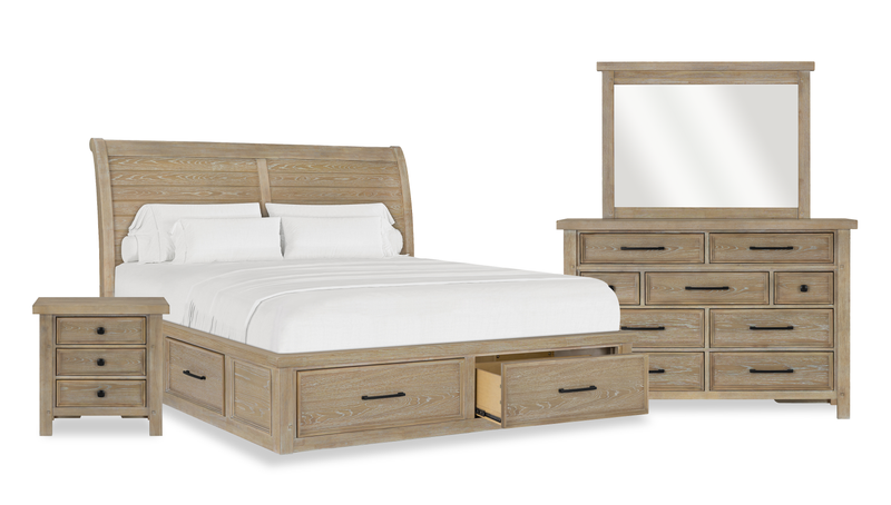 Ensemble de chambre à coucher Sonoma 6 pièces avec lit de rangement, commode, miroir et table de nuit, brun clair - format très grand lit