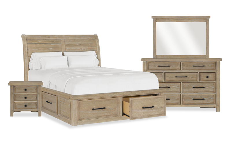 Ensemble de chambre à coucher Sonoma 6 pièces avec lit de rangement, commode, miroir et table de nuit, brun clair - format grand lit