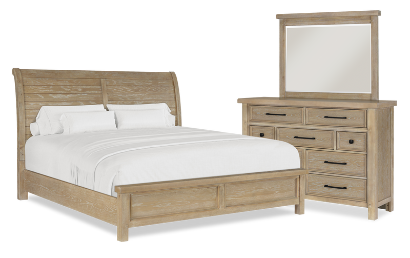 Ensemble de chambre à coucher Sonoma 5 pièces avec lit, commode et miroir, brun clair - format très grand lit