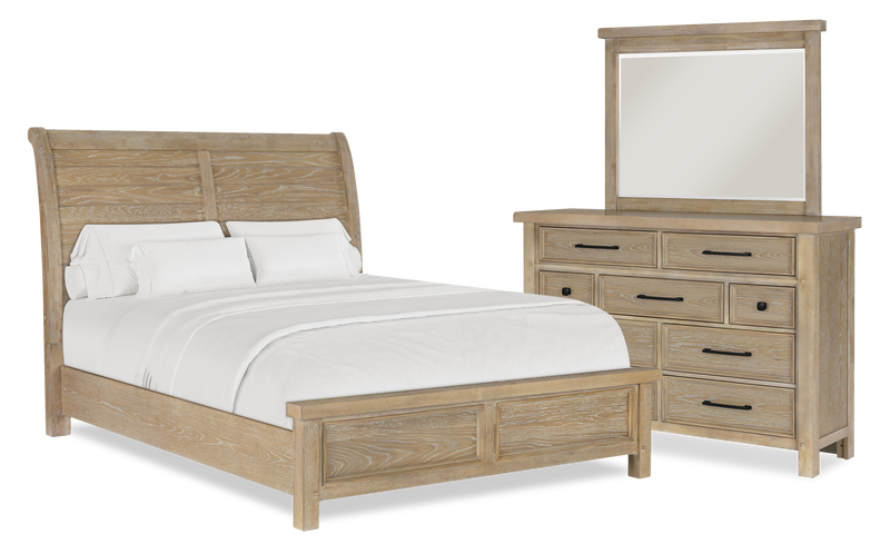 Ensemble de chambre à coucher Sonoma 5 pièces avec lit, commode et miroir, brun clair - format grand lit
