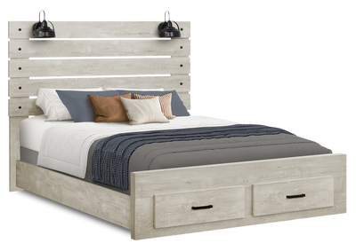 Soren Platform Storage Bed with Slat Headboard & Frame, Built-In LED, Bleached Oak - Queen Size | Lit plateforme de rangement Soren avec tête de lit à lattes, cadre de lit et éclairage à DEL intégré, chêne blanchi - format grand lit