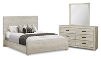 Ensemble de chambre à coucher Soren 5 pièces avec lit à panneaux, commode et miroir, chêne blanchi - format grand lit