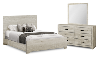 Soren 5pc Bedroom Set with Panel Bed, Dresser & Mirror, Bleached Oak - Queen Size | Ensemble de chambre à coucher Soren 5 pièces avec lit à panneaux, commode et miroir, chêne blanchi - format grand lit