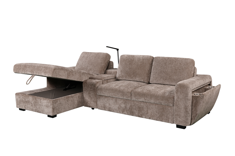 Sofa-lit sectionnel de gauche Sunset en tissu d’apparence lin avec ports USB - taupe