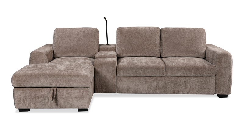 Sofa-lit sectionnel de gauche Sunset en tissu d’apparence lin avec ports USB - taupe