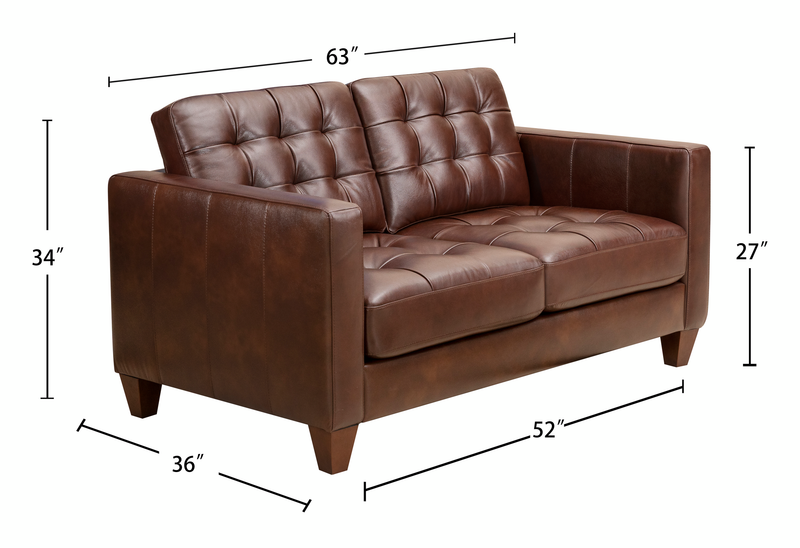 Causeuse Theo de 62 po en cuir véritable de qualité supérieure avec coussin de dossier amovible et pattes en bois - bourgogne