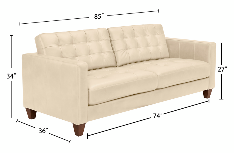 Sofa Theo de 85 po en cuir véritable de qualité supérieure avec coussin de dossier amovible et pattes en bois - pierre